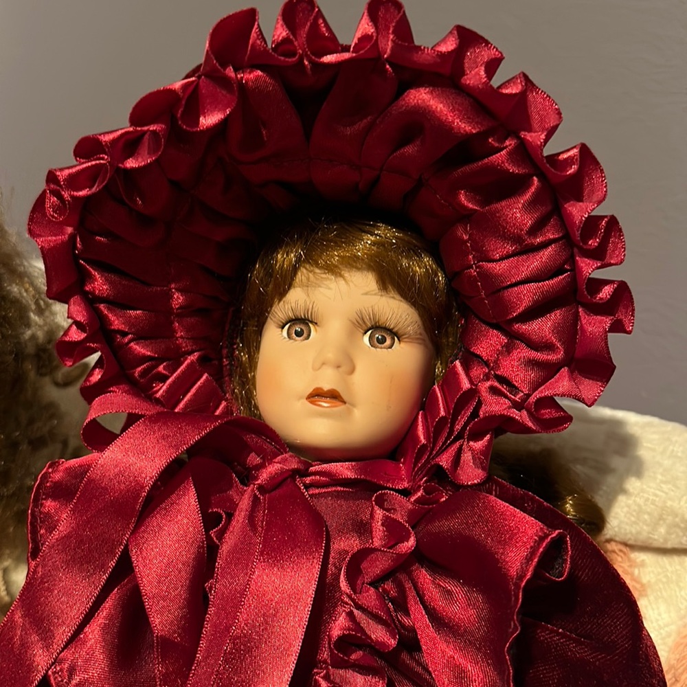 Vintage Porcelain Doll with Lace Dress and Hat